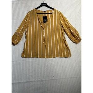 Como Black Women's XL Yellow/White Striped Blouse Tie Neck Crochet 3/4 Sleeve